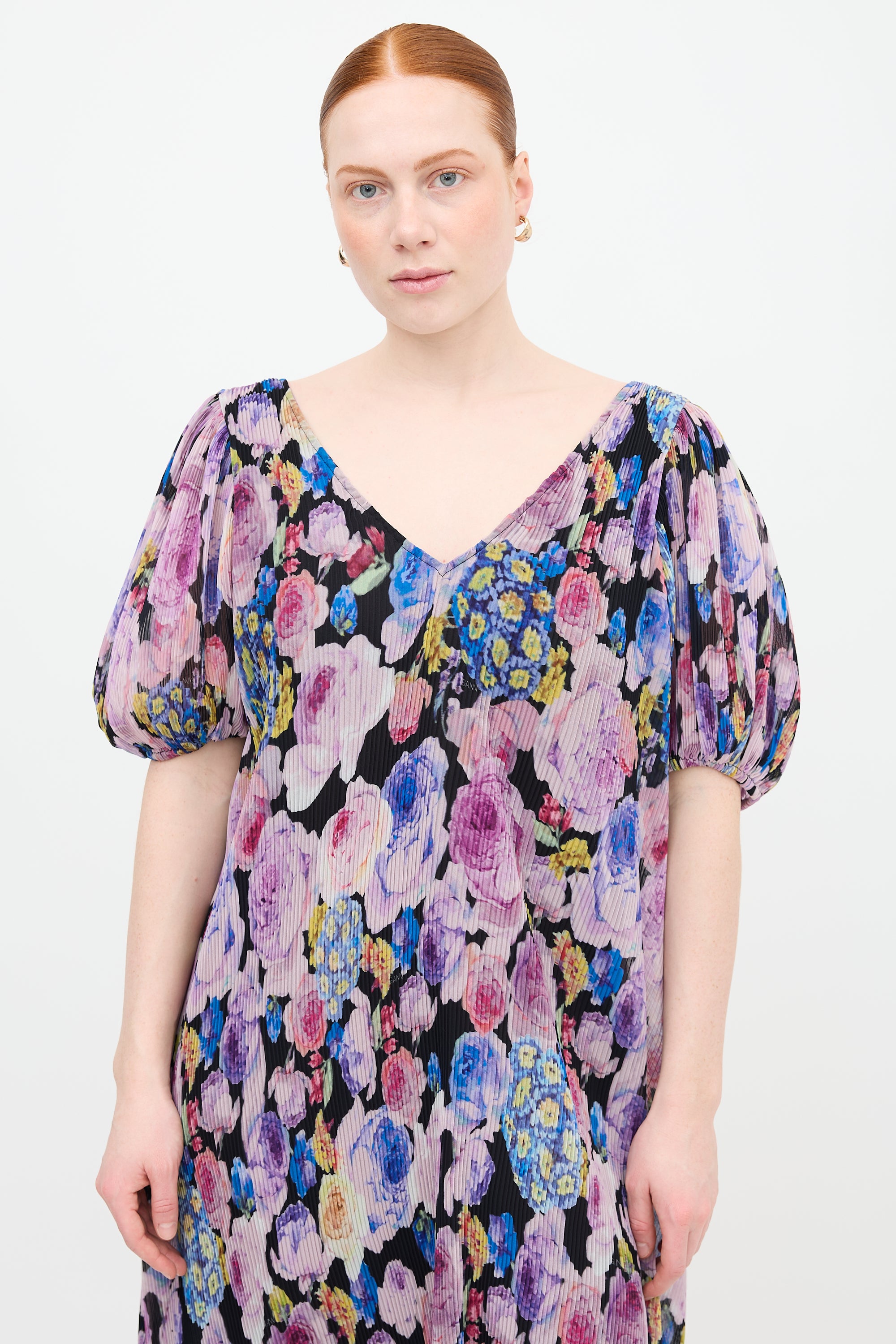 ganni purple floral dress Ganni Black & Purple Floral Pattern Mesh Tie Front Dress 36 Genuine Design