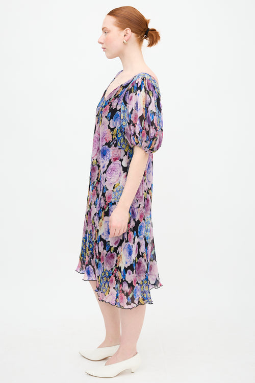 Ganni Pleated Georgette Floral Dress