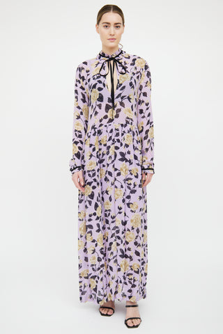 Ganni Purple Floral Print Long Sleeve Dress