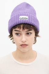 Ganni Purple Wool Ribbed Knit Logo Beanie