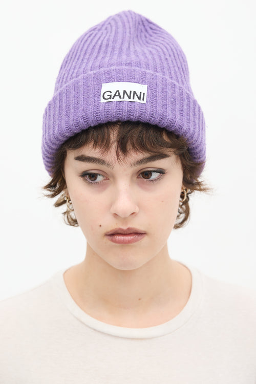 Ganni Purple Wool Ribbed Knit Logo Beanie