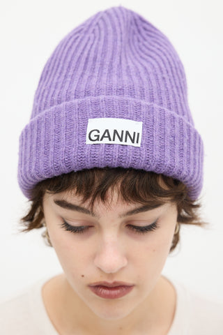 Ganni Purple Wool Ribbed Knit Logo Beanie