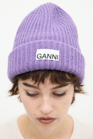 Ganni Purple Wool Ribbed Knit Logo Beanie