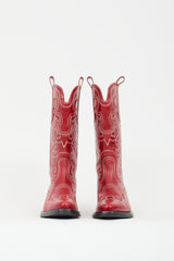 Ganni Red Leather Mid Shaft Embroidered Western Boot