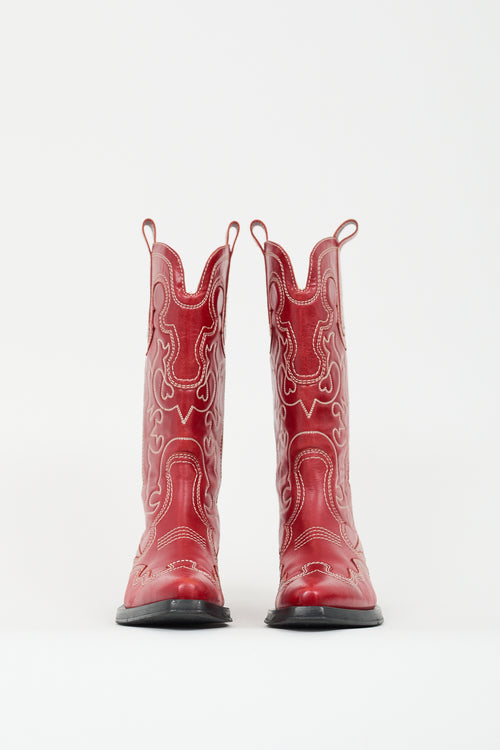 Ganni Red Leather Mid Shaft Embroidered Western Boot