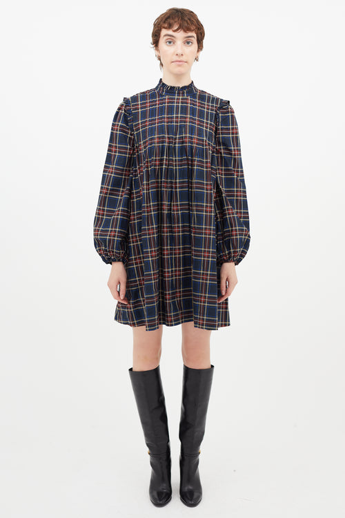 Ganni Red & Multicolour Pleated Plaid Dress