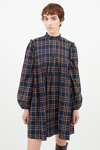 Ganni Red & Multicolour Pleated Plaid Dress