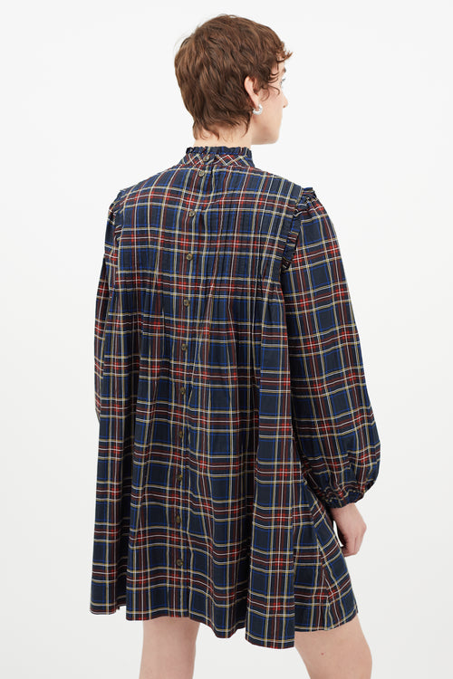 Ganni Red & Multicolour Pleated Plaid Dress