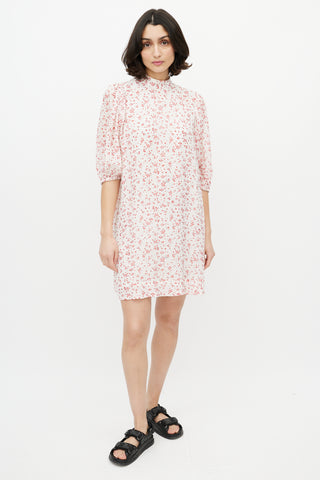Ganni Red & White Floral Puff Sleeve Dress
