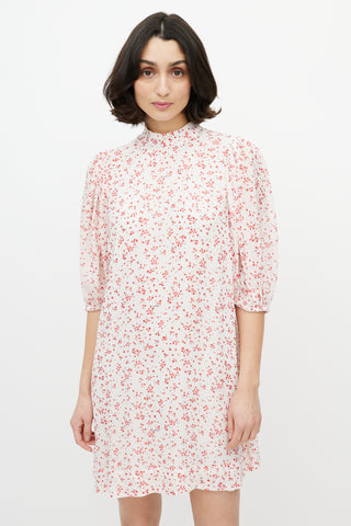 Ganni Red & White Floral Puff Sleeve Dress