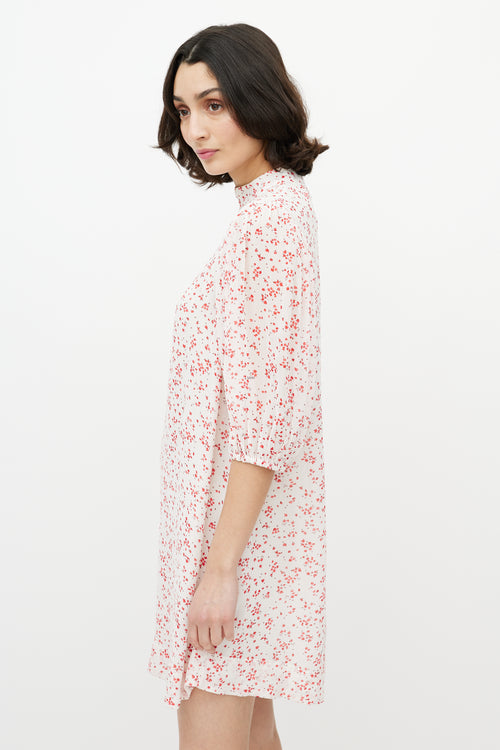 Ganni Red & White Floral Puff Sleeve Dress