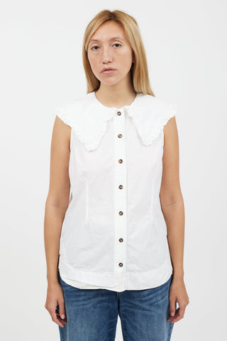 Ganni White Ruffle Collar Sleeveless Shirt