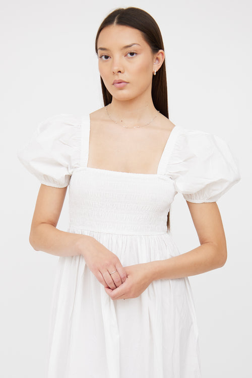 Ganni White Smocked Puff Sleeve Maxi Dress