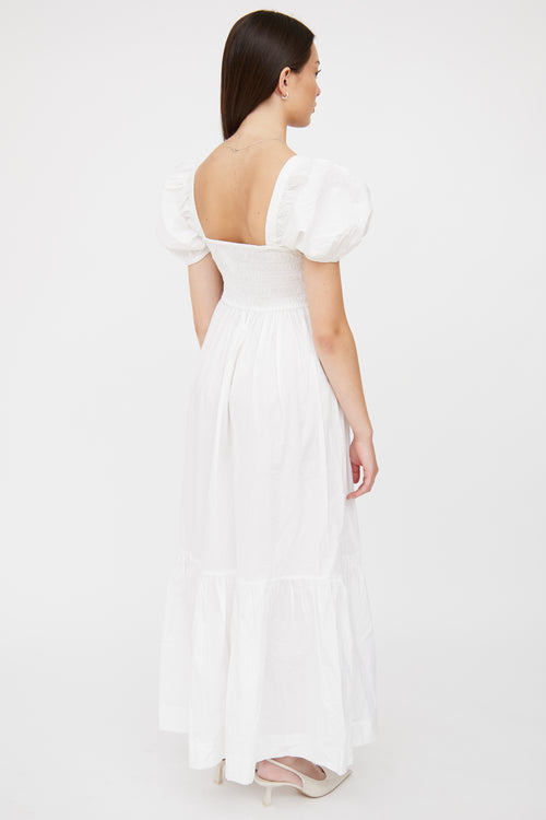 Ganni White Smocked Puff Sleeve Maxi Dress