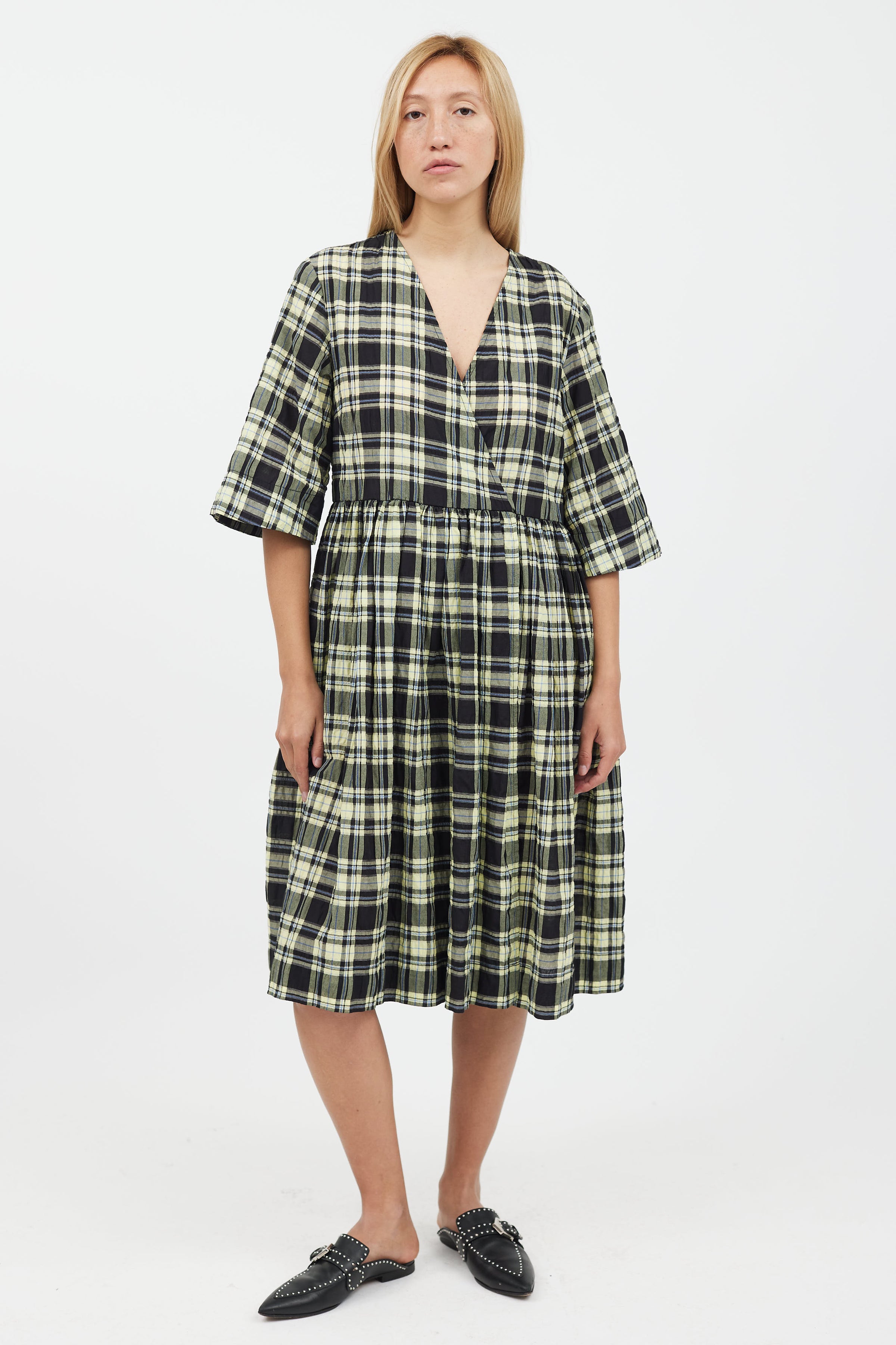 Ganni // Yellow & Black Plaid Midi Dress VSP Consignment Ganni // Yellow & Black Plaid Midi Dress VSP Consignment