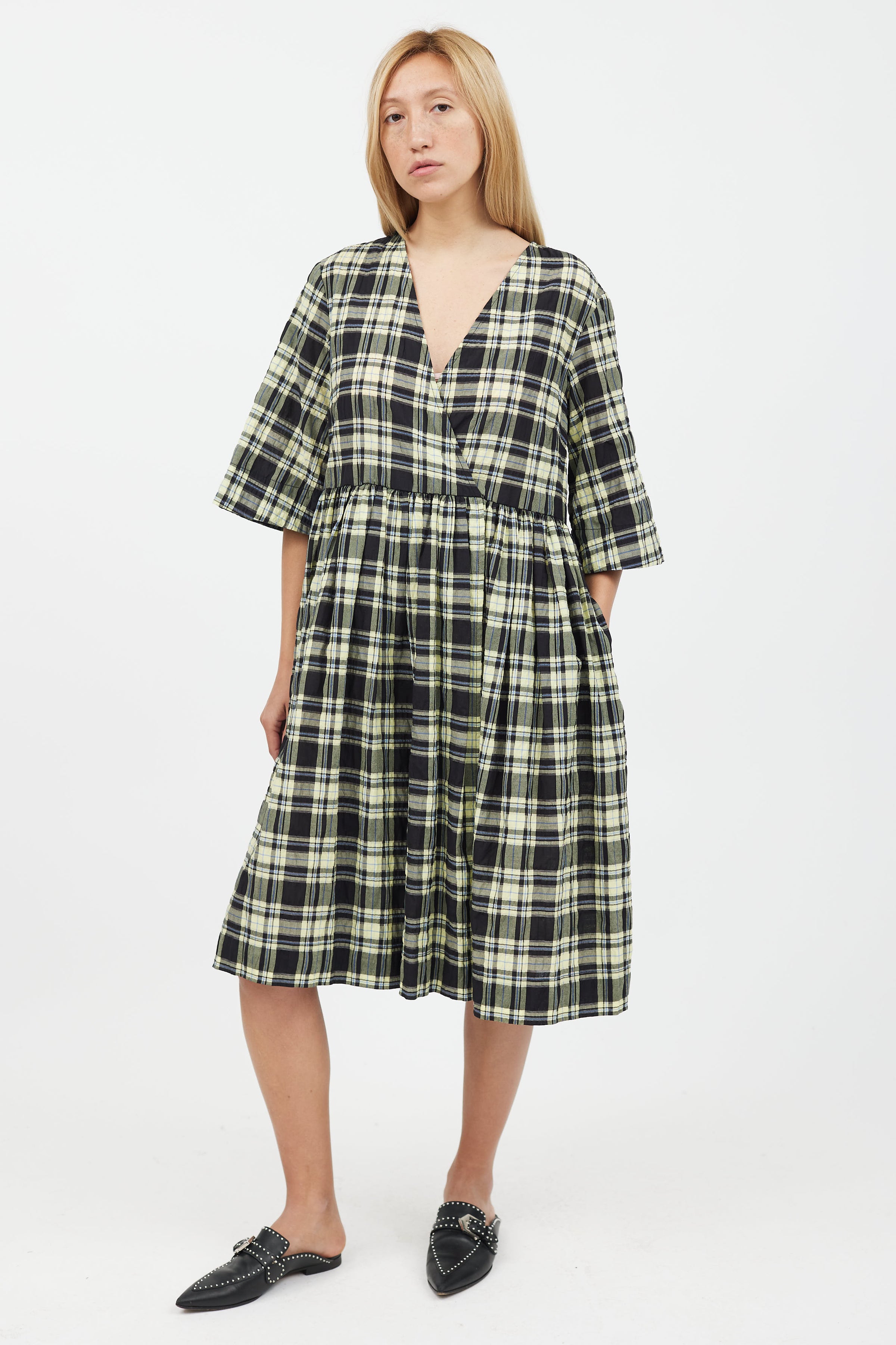 Ganni // Yellow & Black Plaid Midi Dress VSP Consignment Ganni // Yellow & Black Plaid Midi Dress VSP Consignment