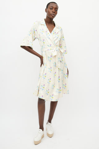 Ganni Yellow & Multicolour Crinkled Belted Wrap Dress