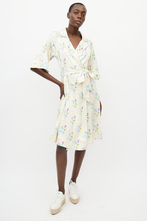 Ganni Yellow & Multicolour Crinkled Belted Wrap Dress