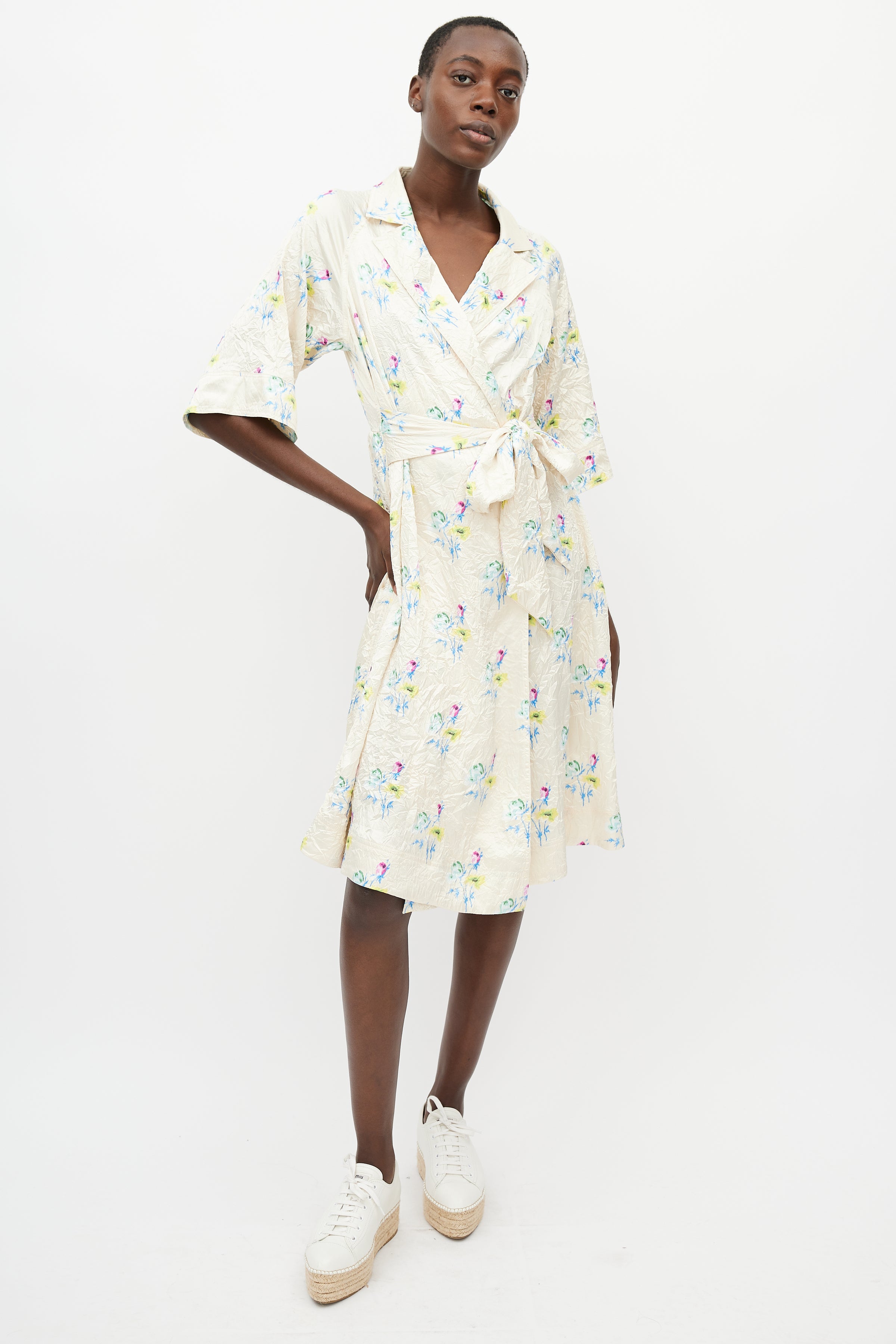 Ganni // Yellow & Multicolour Crinkled Belted Wrap Dress VSP Consignment Ganni // Yellow & Multicolour Crinkled Belted Wrap Dress VSP Consignment