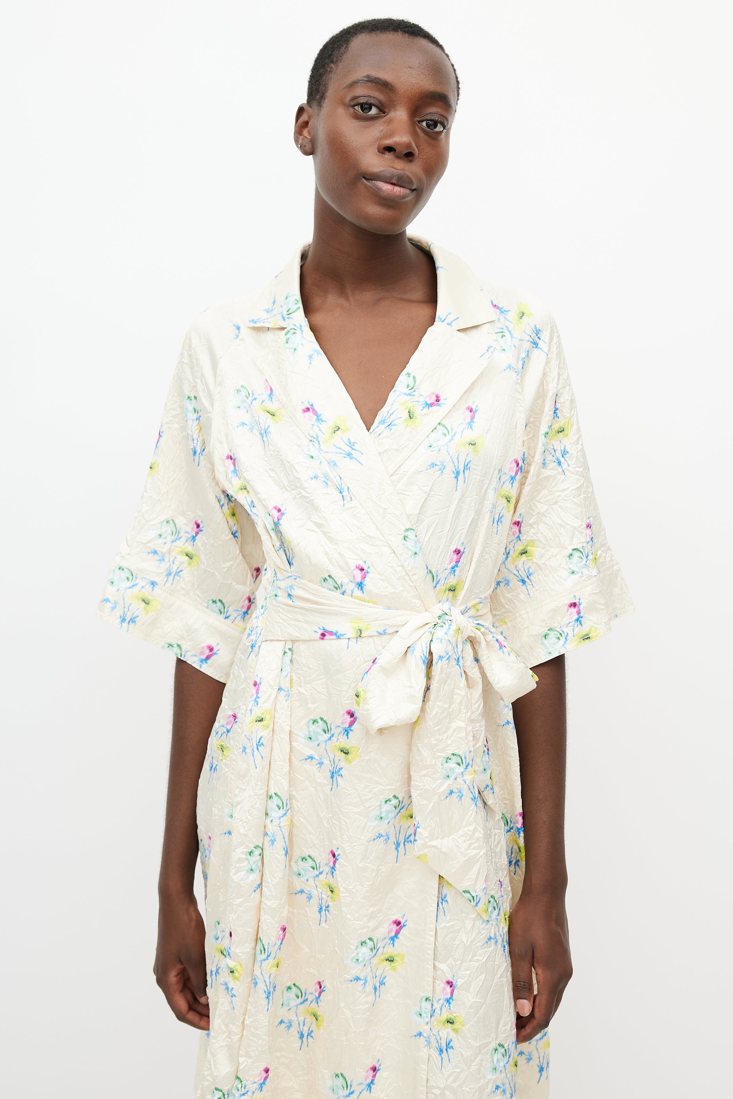 ganni wrap dress Ganni // Yellow & Multicolour Crinkled Belted Wrap Dress – VSP Consignment