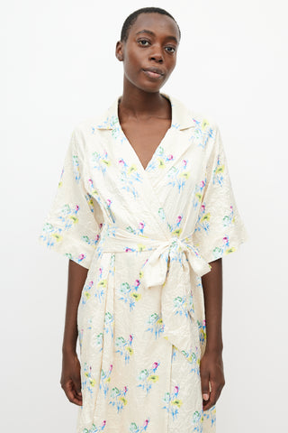 Ganni Yellow & Multicolour Crinkled Belted Wrap Dress