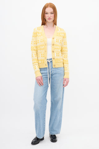 Ganni Yellow & White Wool Logo Intarsia Cardigan