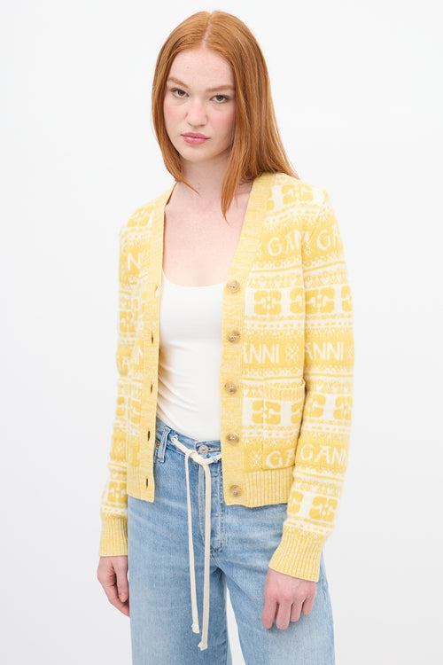 Ganni Yellow & White Wool Logo Intarsia Cardigan