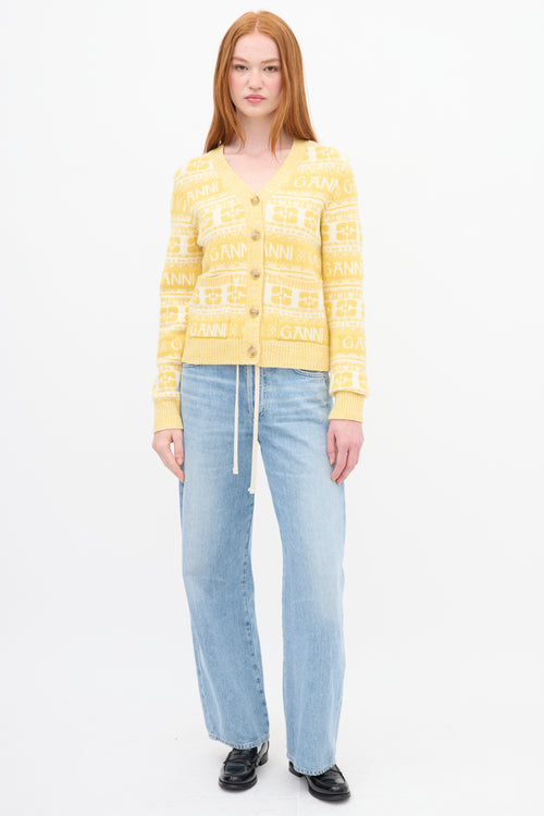 Ganni Yellow & White Wool Logo Intarsia Cardigan