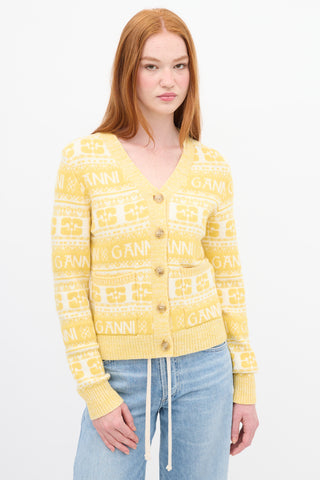 Ganni Yellow & White Wool Logo Intarsia Cardigan