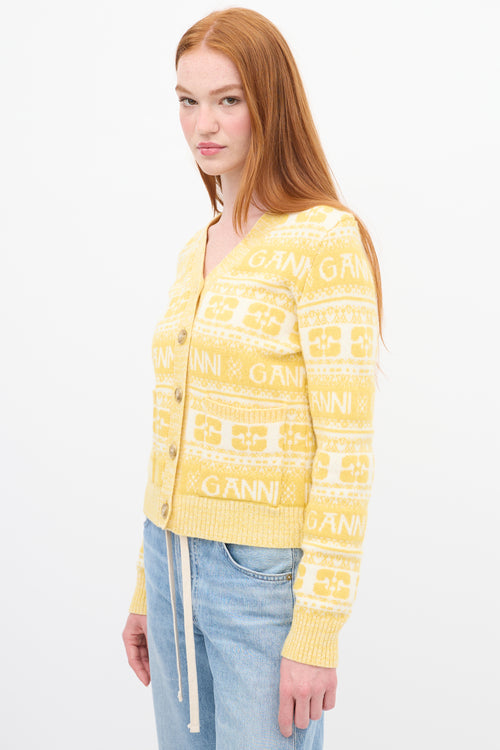 Ganni Yellow & White Wool Logo Intarsia Cardigan