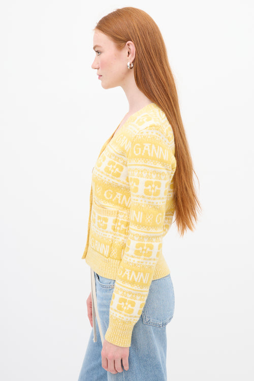 Ganni Yellow & White Wool Logo Intarsia Cardigan