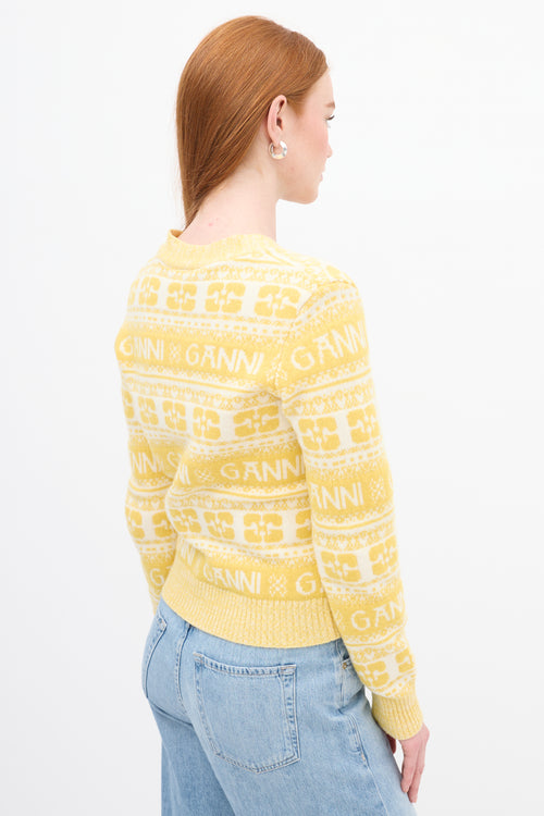 Ganni Yellow & White Wool Logo Intarsia Cardigan