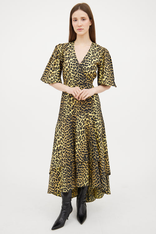 Ganni Yellow & Black Patterned Wrap Dress