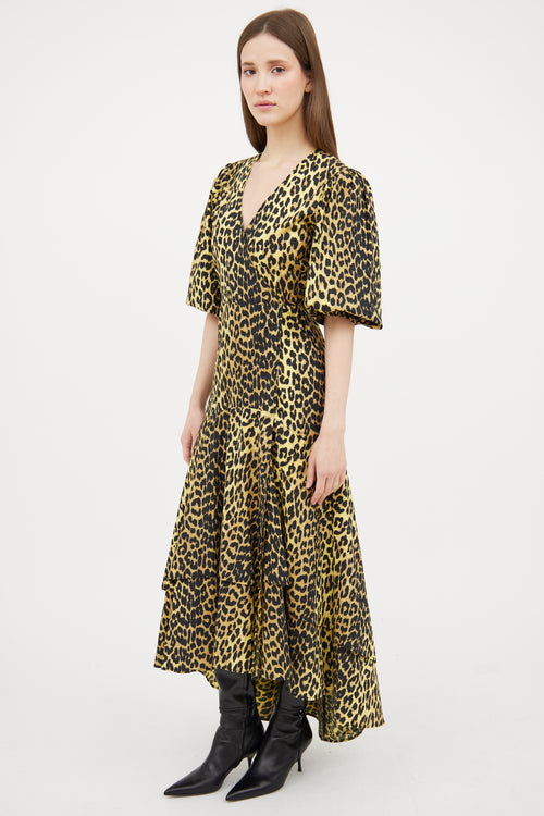 Ganni Yellow & Black Patterned Wrap Dress