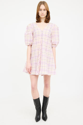 Ganni Purple & Multi Plaid Puff Dress