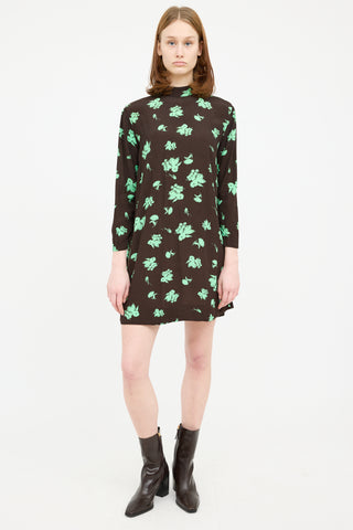 Ganni Brown & Green Floral Long Sleeve Dress