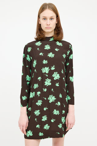 Ganni Brown & Green Floral Long Sleeve Dress