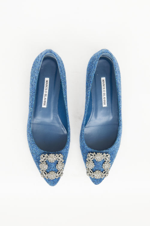 Manolo Blahnik Blue Woven Hangisi Crystal Flat