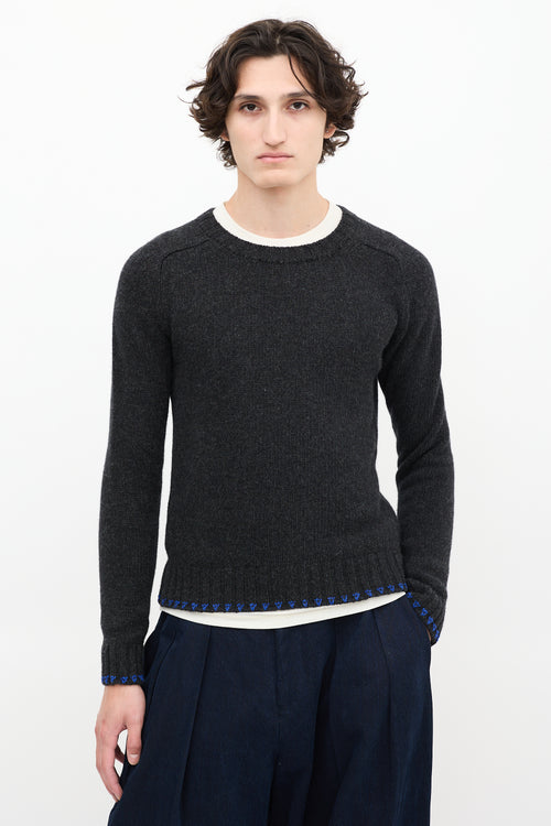 Gentry Portofino Dark Grey Wool Round Neck Embroidered Sweater