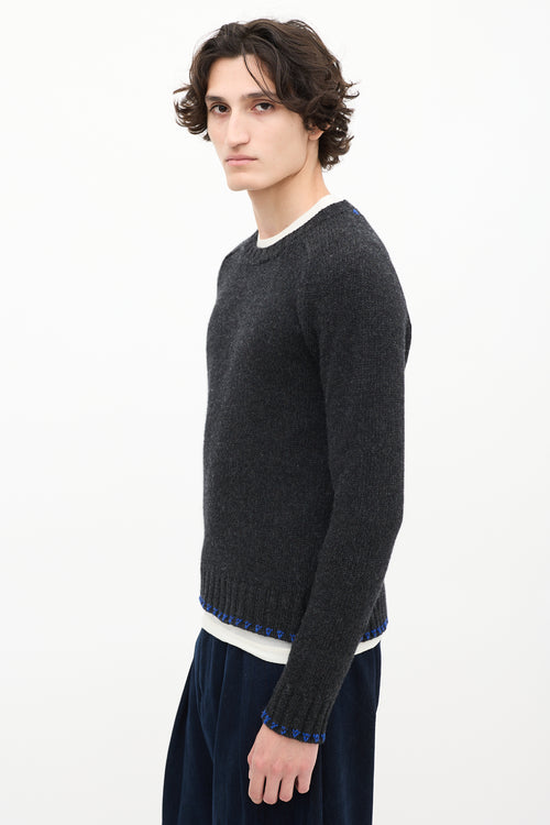 Gentry Portofino Dark Grey Wool Round Neck Embroidered Sweater