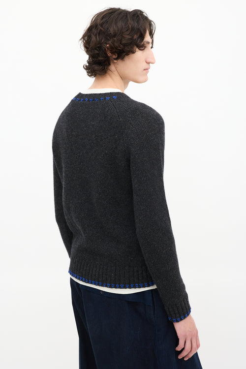 Gentry Portofino Dark Grey Wool Round Neck Embroidered Sweater