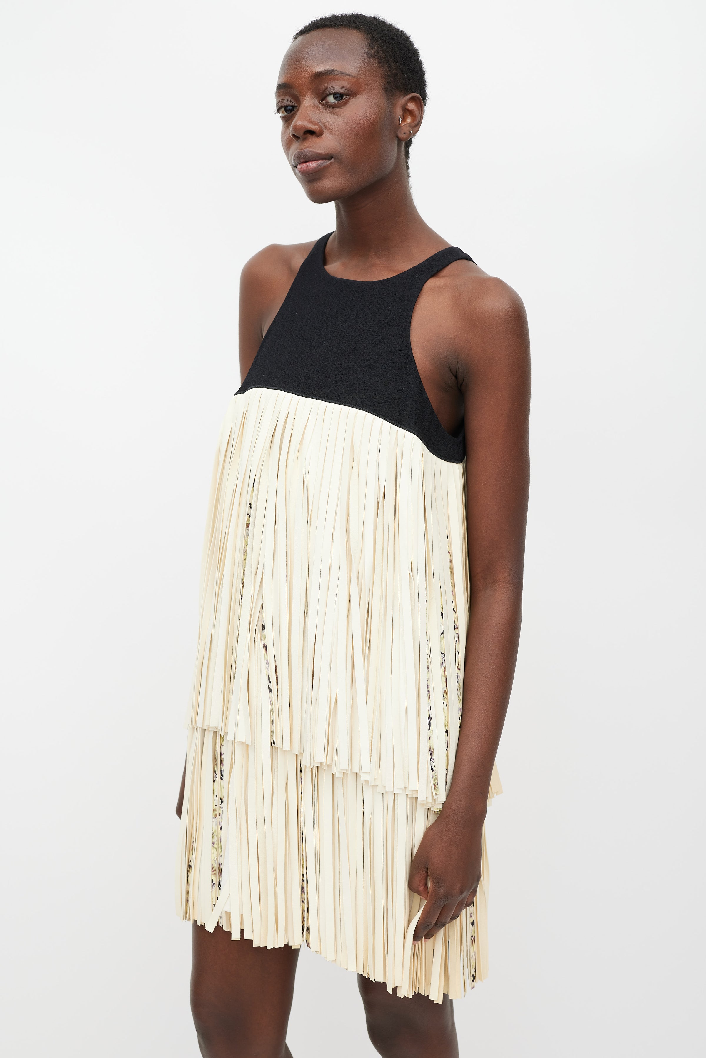 Giambattista Valli // Black & Cream Leather Tiered Fringe Dress VSP Consignment Giambattista Valli // Black & Cream Leather Tiered Fringe Dress VSP Consignment