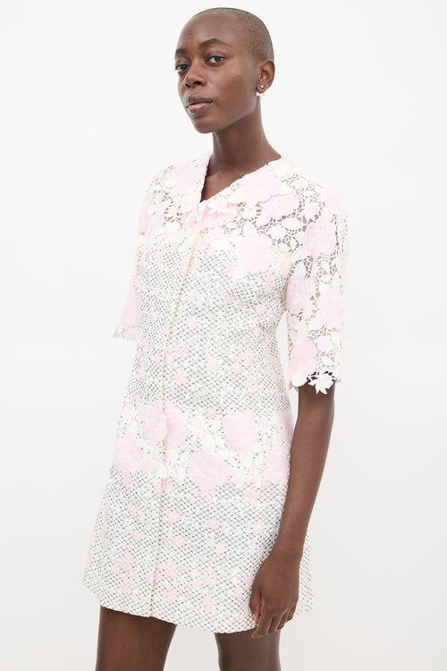 Giambattista Valli White & Pink Floral Embroidered Dress