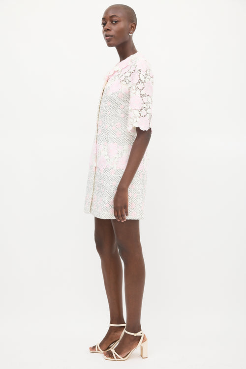 Giambattista Valli White & Pink Floral Embroidered Dress