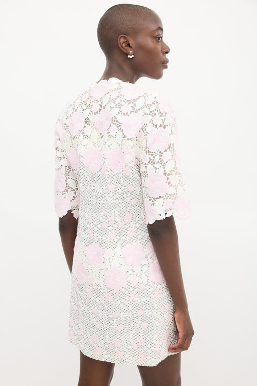 Giambattista Valli White & Pink Floral Embroidered Dress