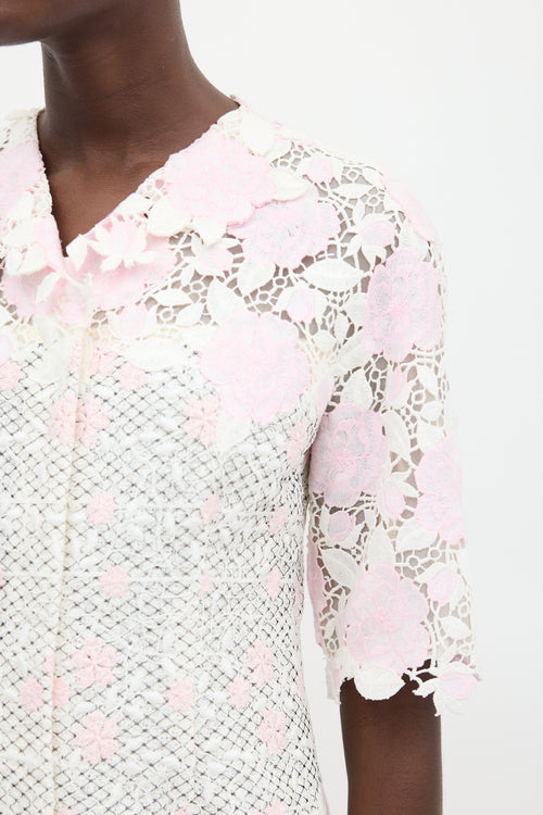 Giambattista Valli White & Pink Floral Embroidered Dress