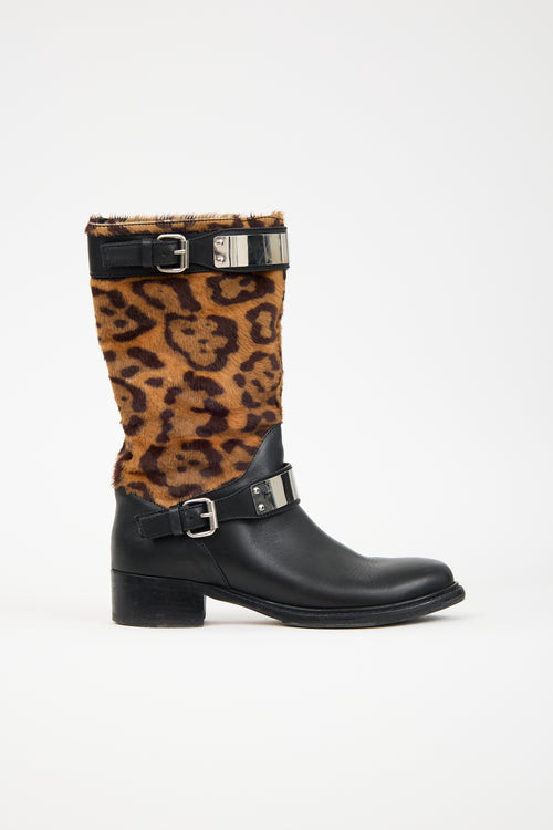 Giambattista Valli Leather & Hair Printed Moto Boot