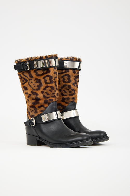 Giambattista Valli Leather & Hair Printed Moto Boot
