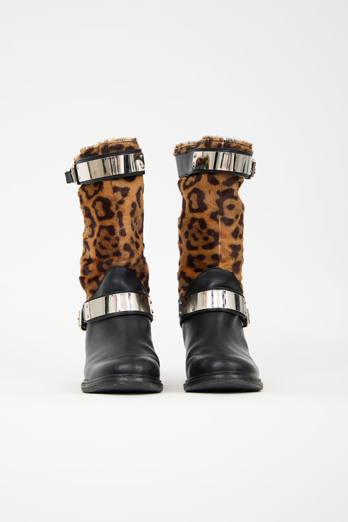 Giambattista Valli Leather & Hair Printed Moto Boot