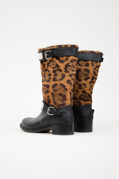 Giambattista Valli Leather & Hair Printed Moto Boot